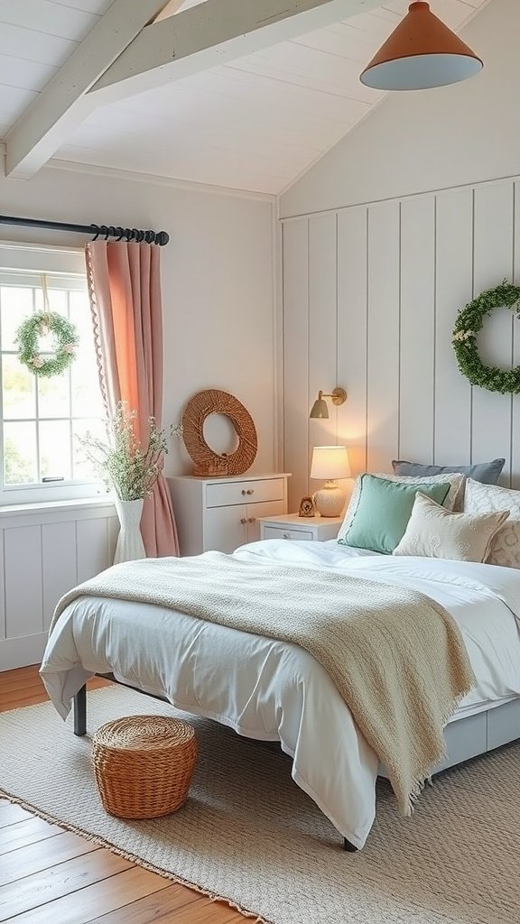 A stylish cottage bedroom showcasing pastel accents with a cozy bed, woven basket, and decorative wreaths on the walls