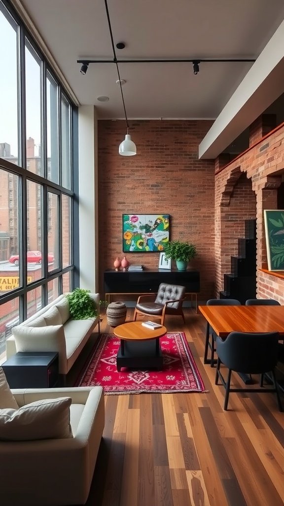 A stylish entertainment loft in the Lower East Side featuring large windows, exposed brick walls, wooden flooring, and modern furniture.