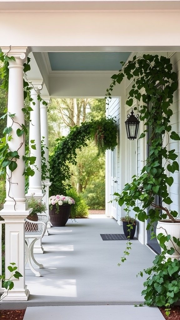 A stylish farmhouse front porch with elegant white railings, adorned with climbing plants and decorative elements.