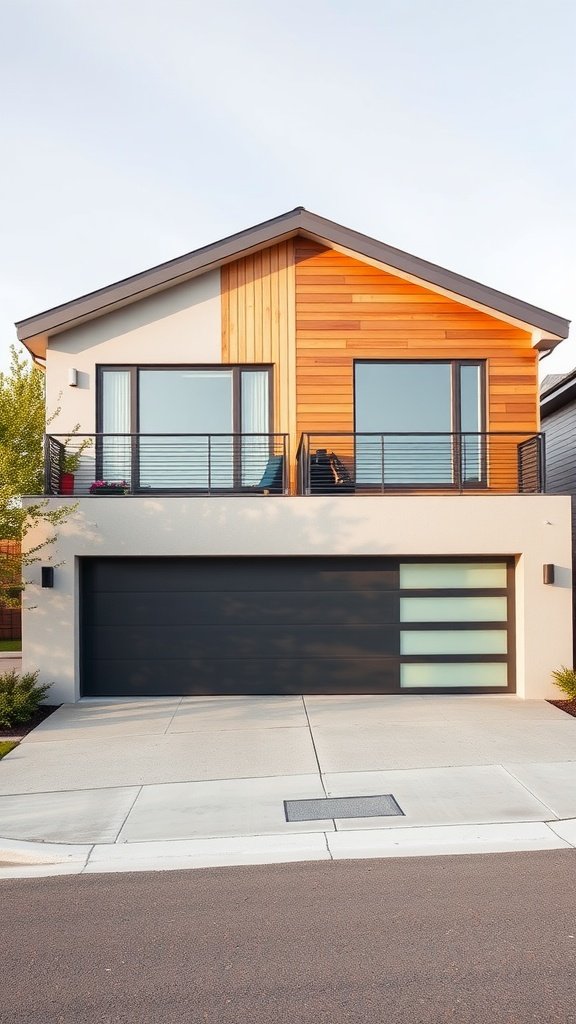 A modern house exterior featuring a sleek dark garage door with glass inserts, complemented by wooden accents and large windows.
