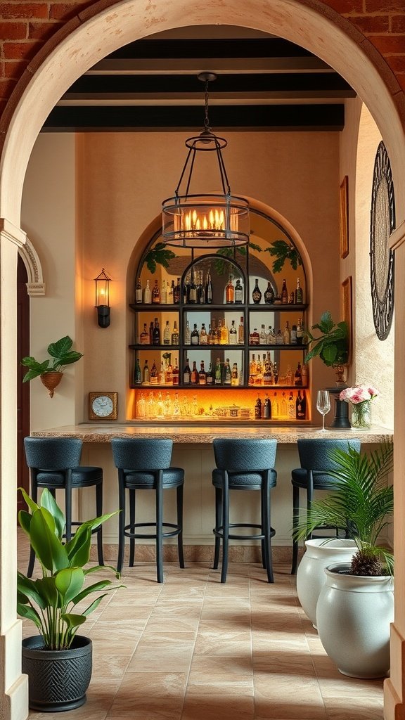 Stylish home bar area with elegant shelves, cozy seating, and warm lighting