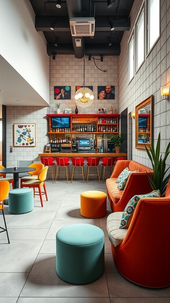 A stylish home bar area with colorful furniture, a wooden bar, and vintage decor