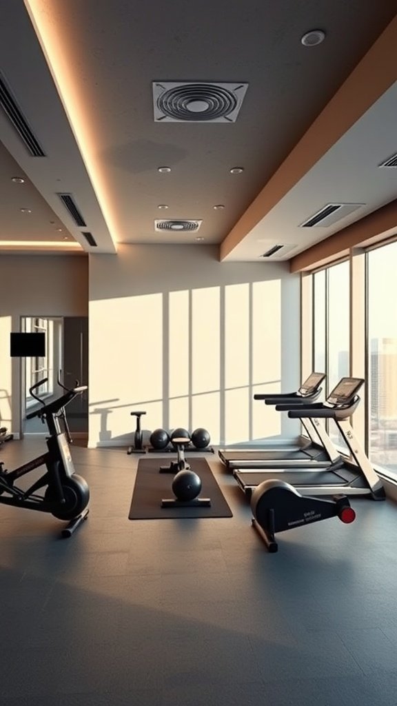 A luxury home gym featuring exercise equipment and large windows with natural light.