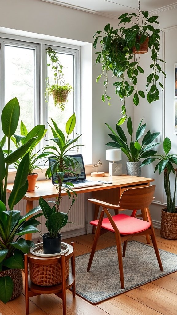 A stylish home office featuring a wooden desk, a laptop, and various indoor plants, creating a fresh and inviting atmosphere.