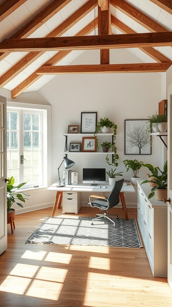 Stylish home office in a modern English cottage with natural light, wooden beams, and plants.