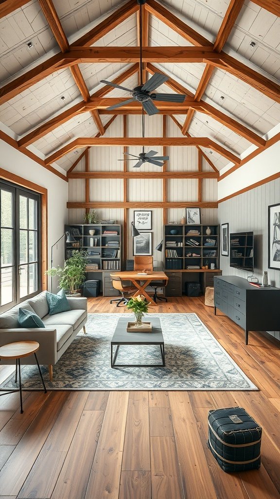 A stylish home office in a barn setting featuring wooden beams, a gray sofa, and a modern desk.