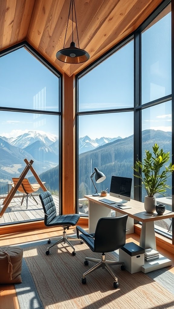 A modern home office with large windows overlooking mountains, featuring wooden interiors and a stylish desk setup.