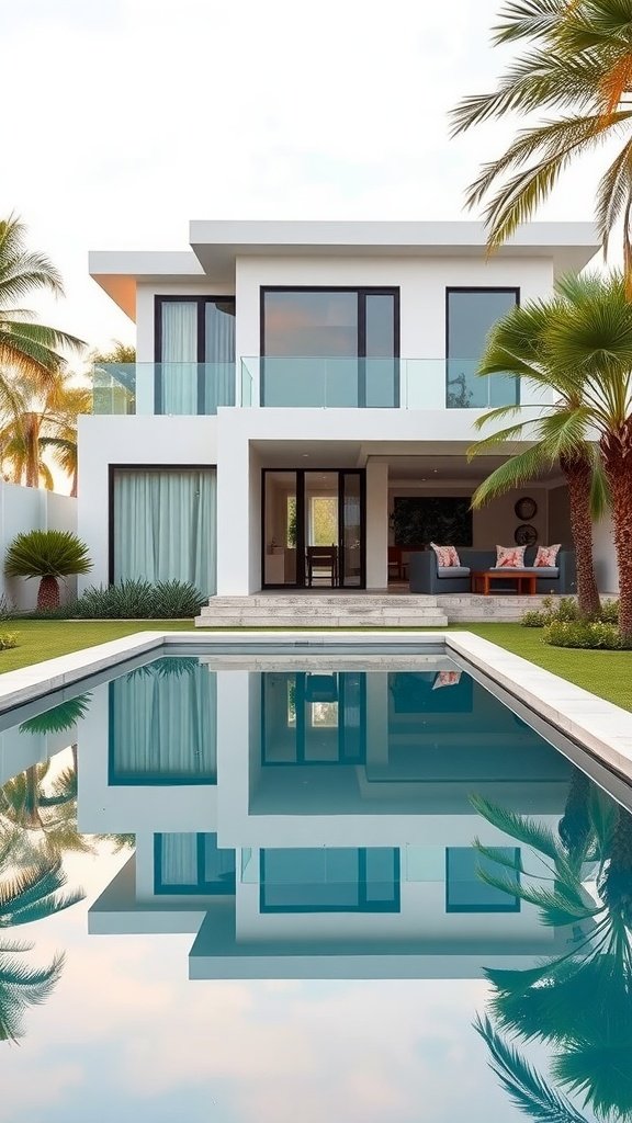 Modern house with a reflecting pool surrounded by palm trees