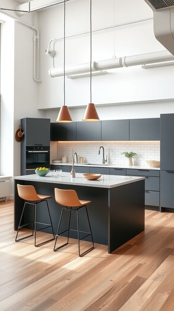 A modern kitchen with a dark island, light countertops, and stylish bar stools.