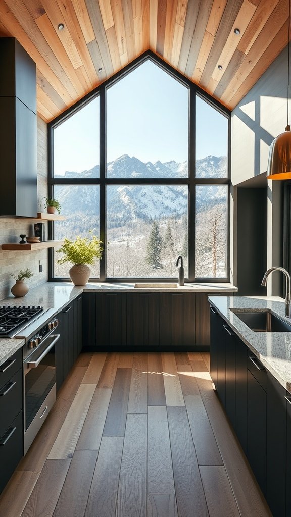 Modern kitchen with large windows and high-end appliances overlooking mountains