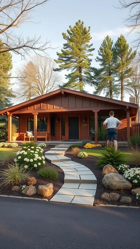 A mid-century modern cabin surrounded by stylish landscaping, featuring a stone pathway, colorful flowers, and tall trees.
