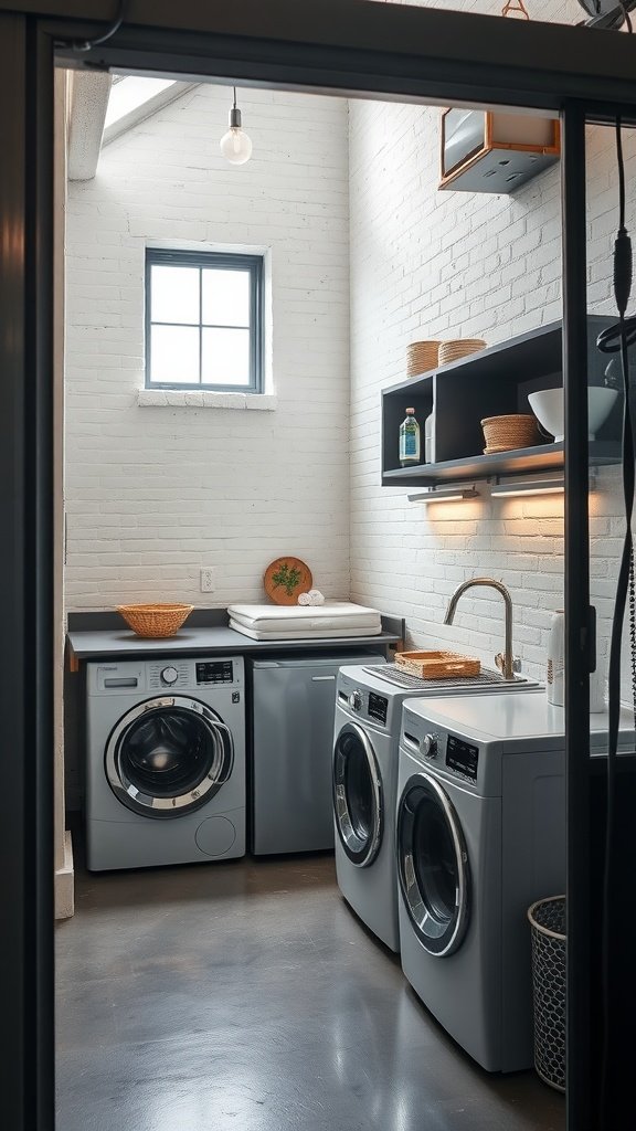 Stylish modern laundry area with machines, open shelves, and natural light