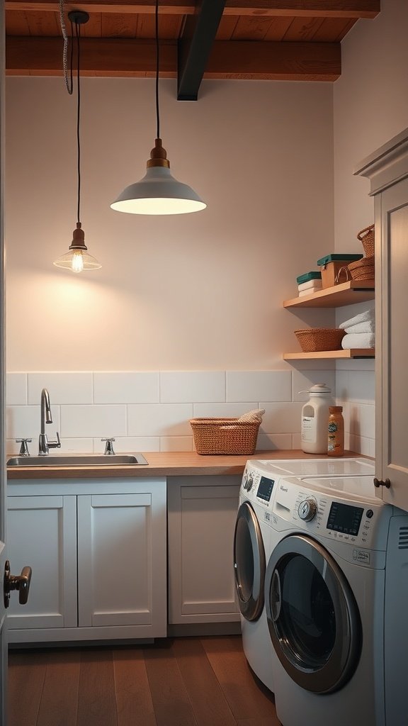 A stylish farmhouse laundry room featuring pendant lighting and a clean layout.