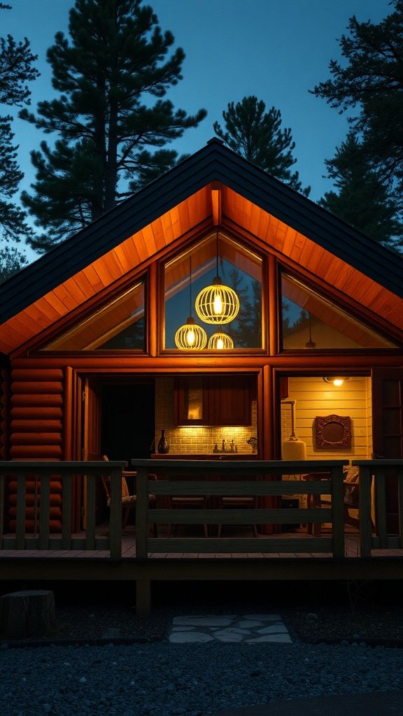Outdoor view of a mid-century modern cabin at dusk, featuring stylish pendant lighting.