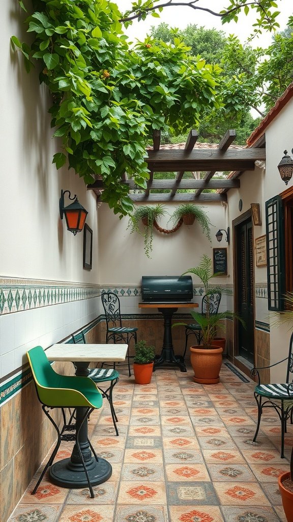 Cozy Mediterranean courtyard with lush greenery, patterned tiles, and elegant seating.
