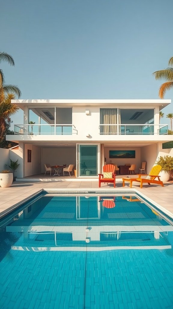 Mid-century house with a pool and colorful chairs