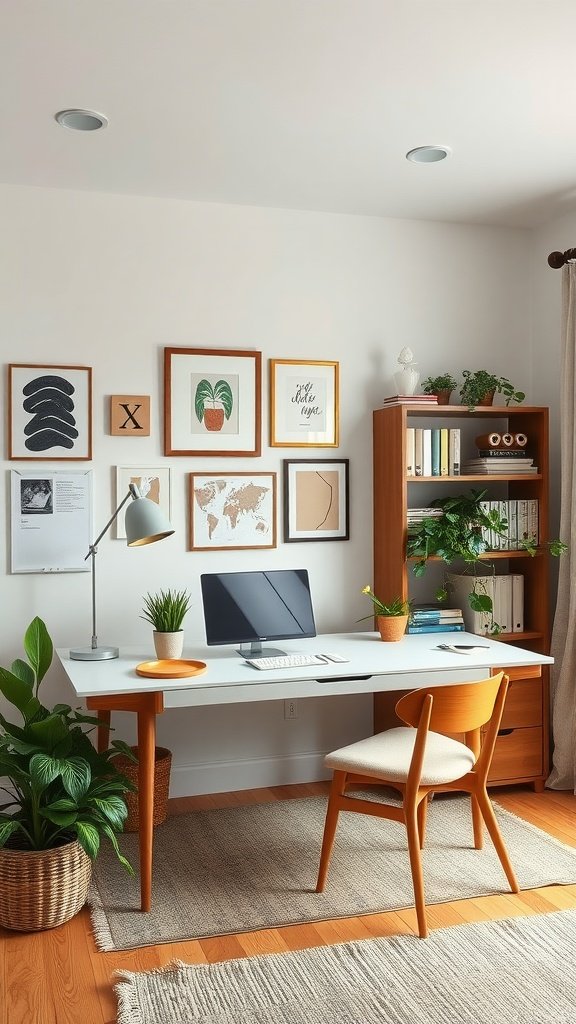 A stylish multi-purpose home office with a desk, computer, and plants.