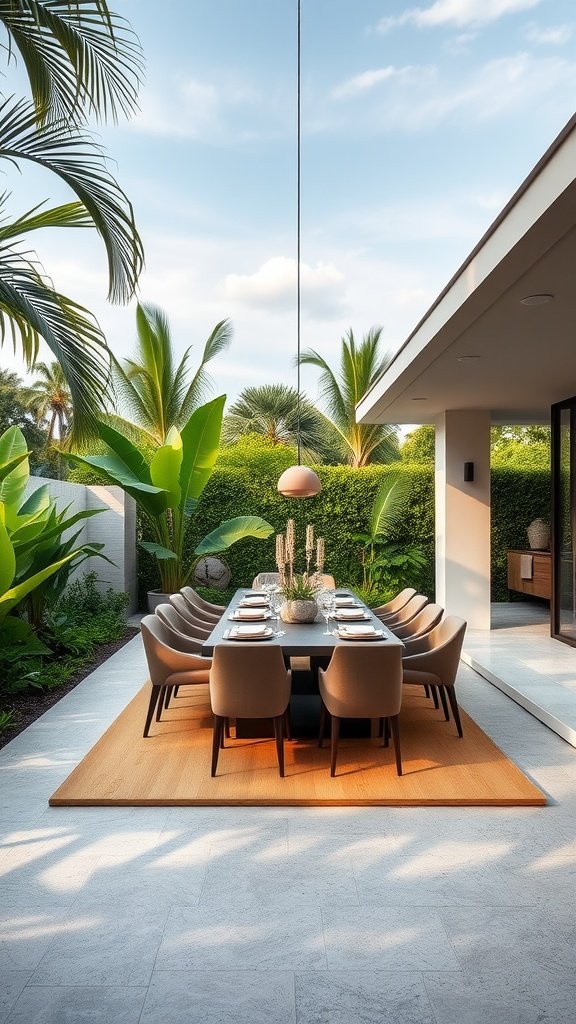 A stylish outdoor dining area with a long table set for dinner, surrounded by lush greenery.