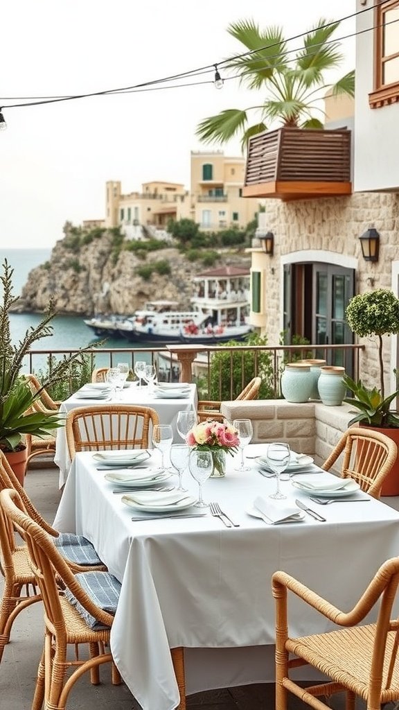 Stylish outdoor dining area with a view of the Mediterranean coast.