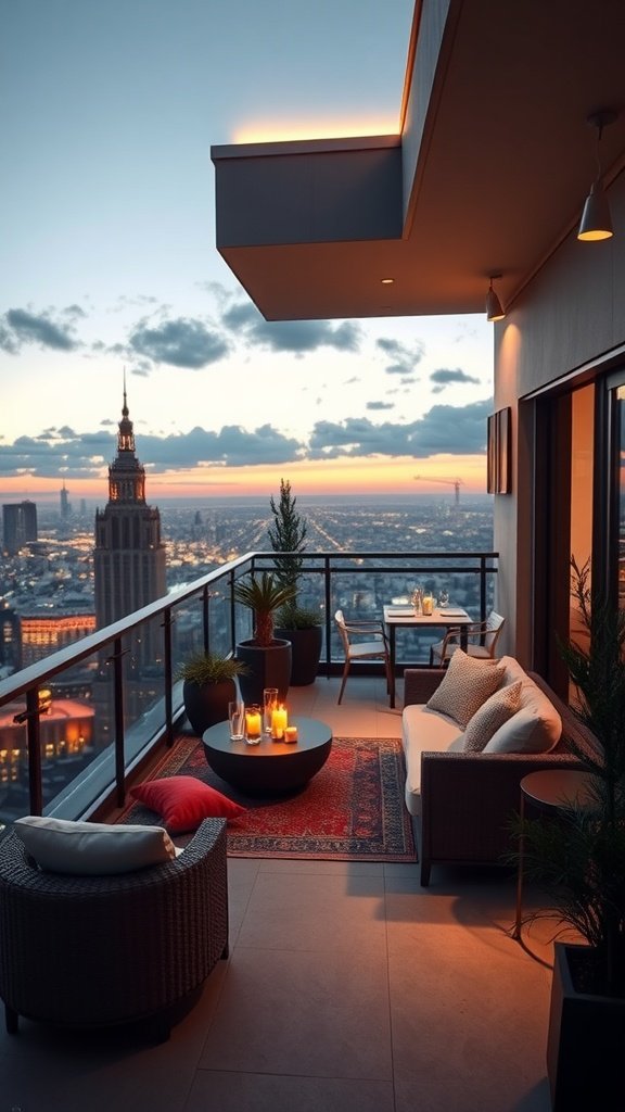 Stylish outdoor entertainment area with cozy seating and city skyline view
