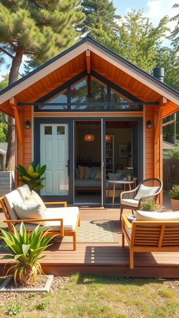 Stylish outdoor living area of a mid-century modern tiny house with seating and plants.