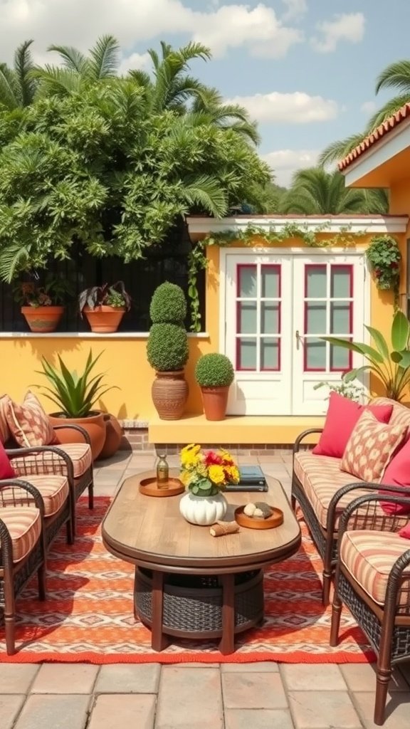 A stylish outdoor living room with comfortable seating, vibrant cushions, and potted plants.