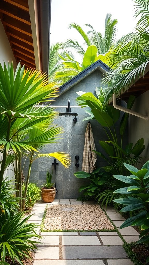 An outdoor shower surrounded by lush tropical plants and a stone wall.