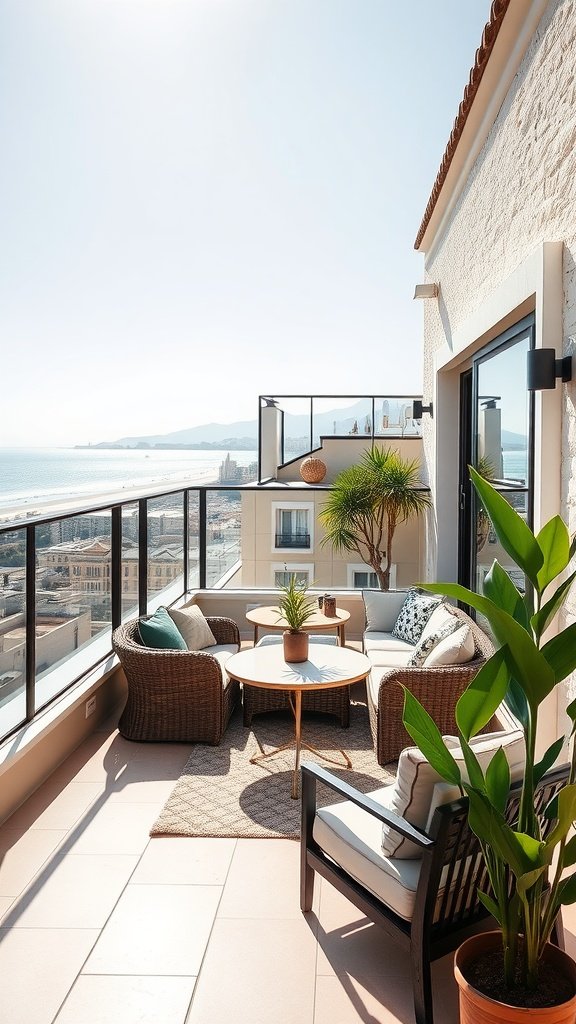 Stylish penthouse balcony in Málaga with seating and sea views