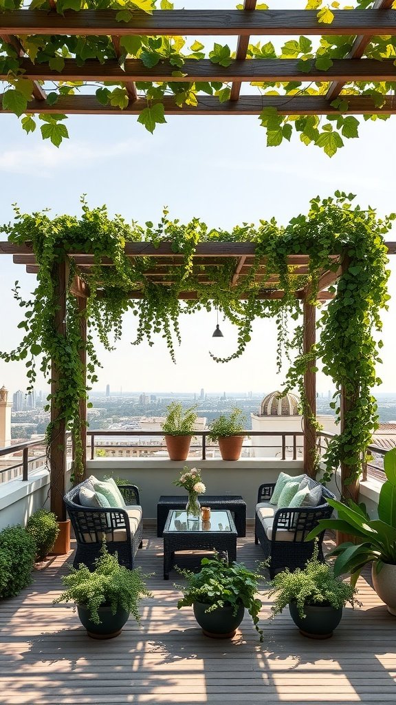A beautiful terrace featuring a pergola covered with climbing vines, comfortable seating, and potted plants.