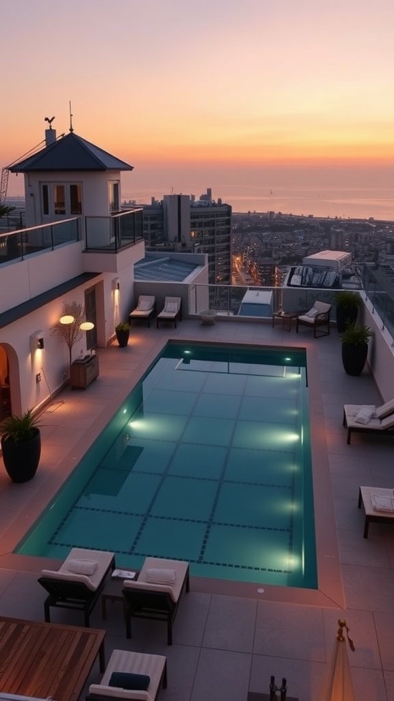 A stylish rooftop with a pool in Tel Aviv during sunset