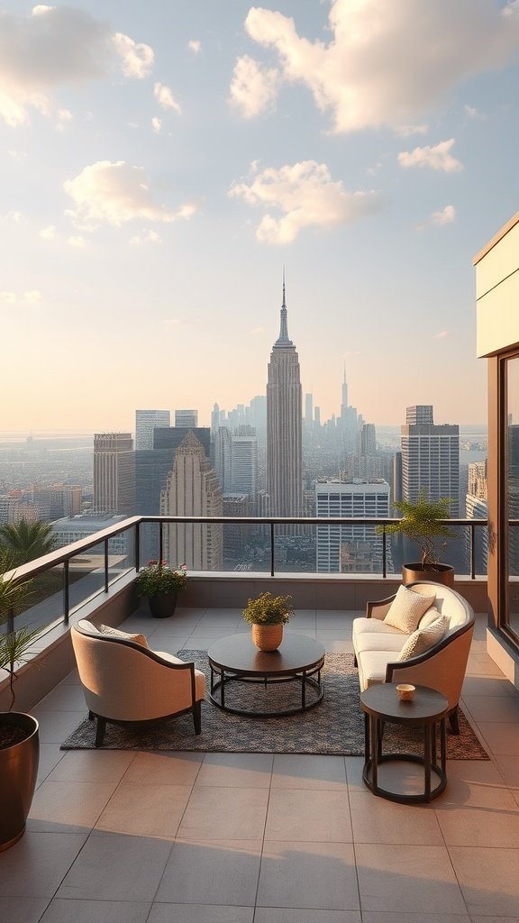A stylish rooftop lounge with views of the Empire State Building and NYC skyline.