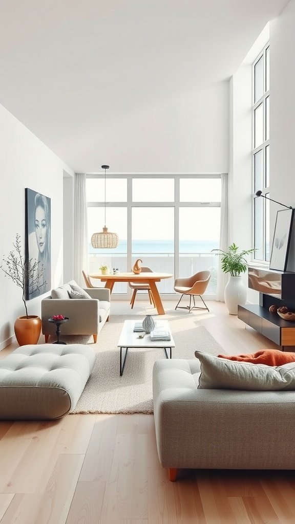 A stylish Scandinavian living room with light colors, cozy furniture, and large windows showcasing a beautiful view.