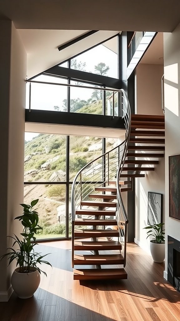 A stylish spiral staircase in a hillside home, featuring wooden steps and large windows.