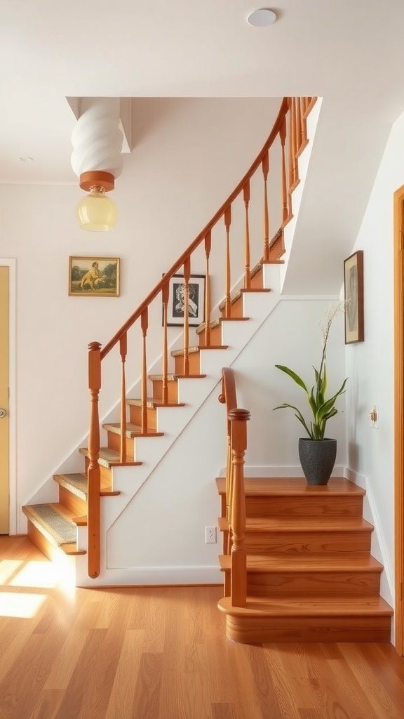 A stylish staircase in a mid-century modern house, featuring wooden railings and a lush plant at the bottom.
