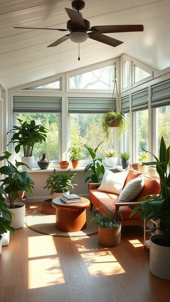 A cozy sunroom filled with plants, a comfortable orange couch, and large windows allowing natural light.