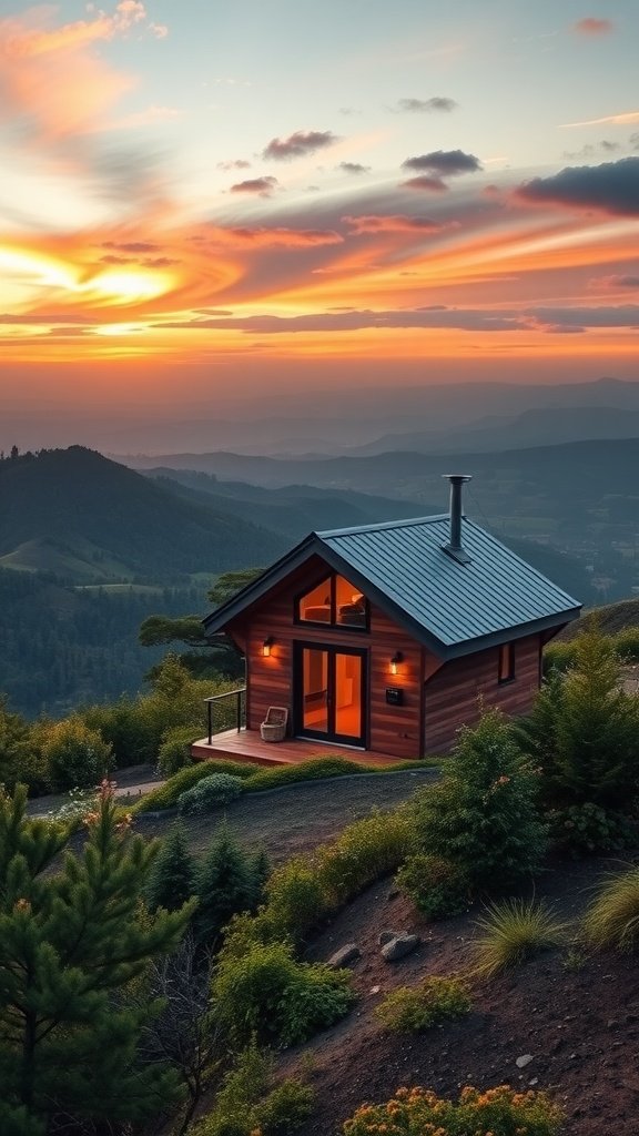 A stylish tiny house with a wooden exterior overlooking a scenic landscape during sunset.