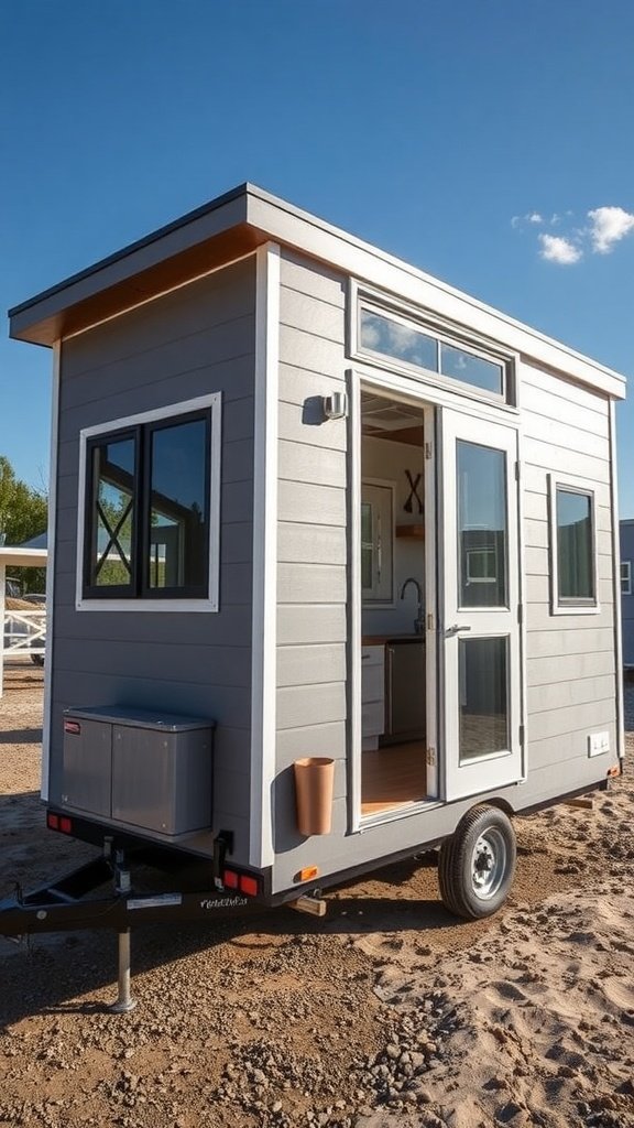 A stylish tiny house with a gray exterior, large windows, and a trailer base, set against a clear blue sky.