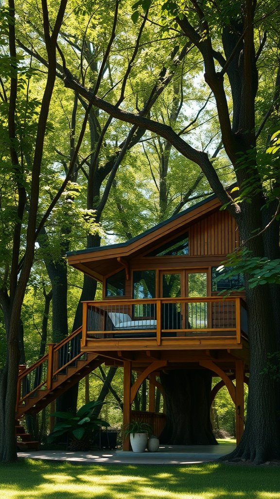 A stylish treehouse tiny home surrounded by lush green trees