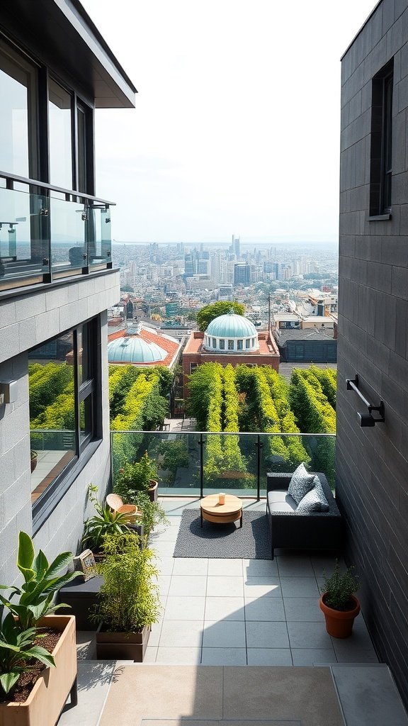 A modern hillside home with a panoramic city view, featuring stylish outdoor seating and greenery.