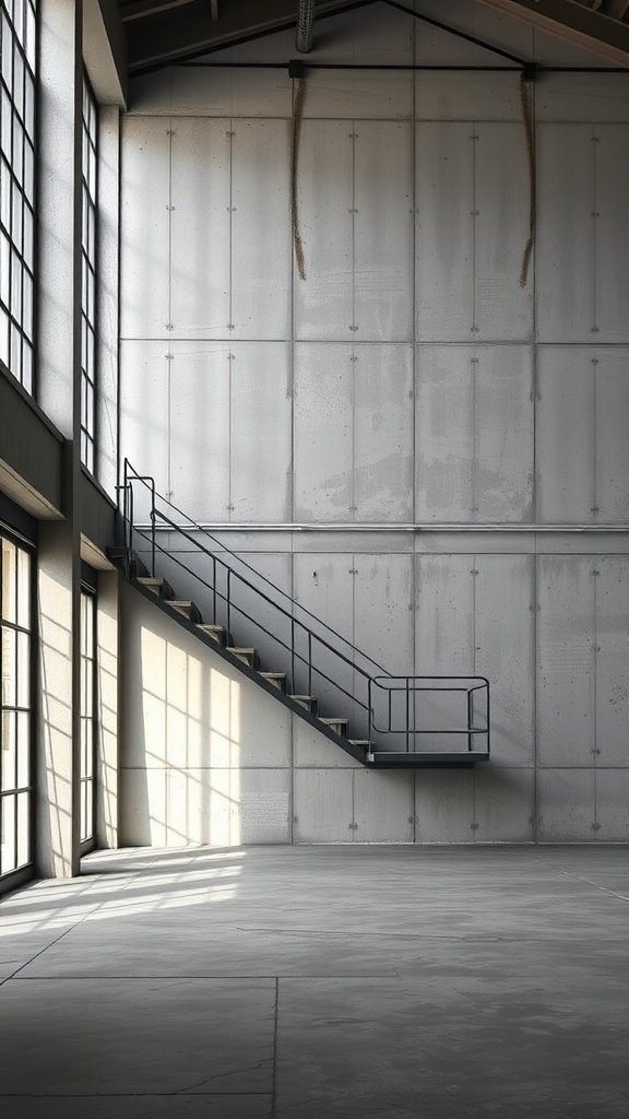 Interior view of a stylish urban loft featuring concrete panels and a staircase.
