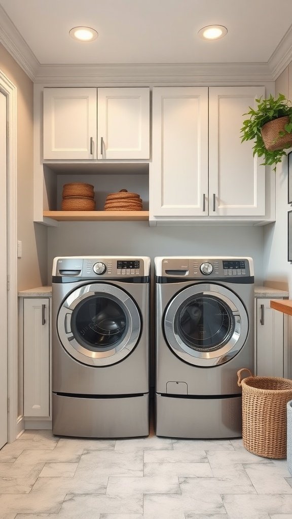 Modern laundry room featuring stylish cabinets above washer and dryer with natural elements and organized storage.