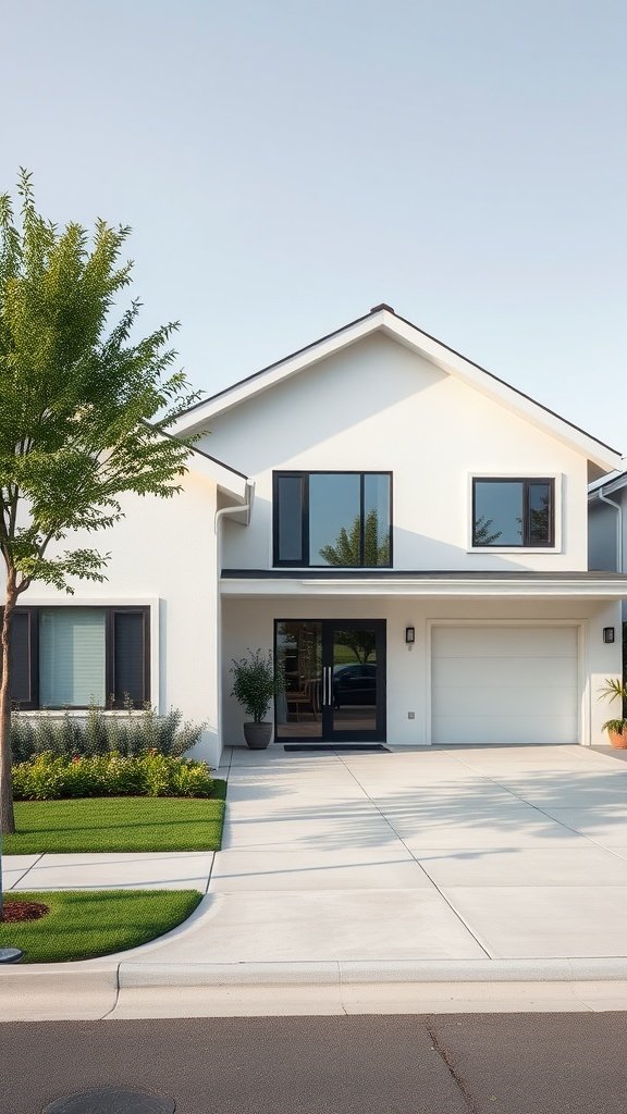 A modern white house with large windows and a stylish entrance in a suburban setting.