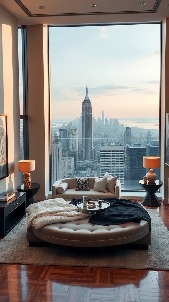 Luxury penthouse living room with large windows showcasing a city skyline view