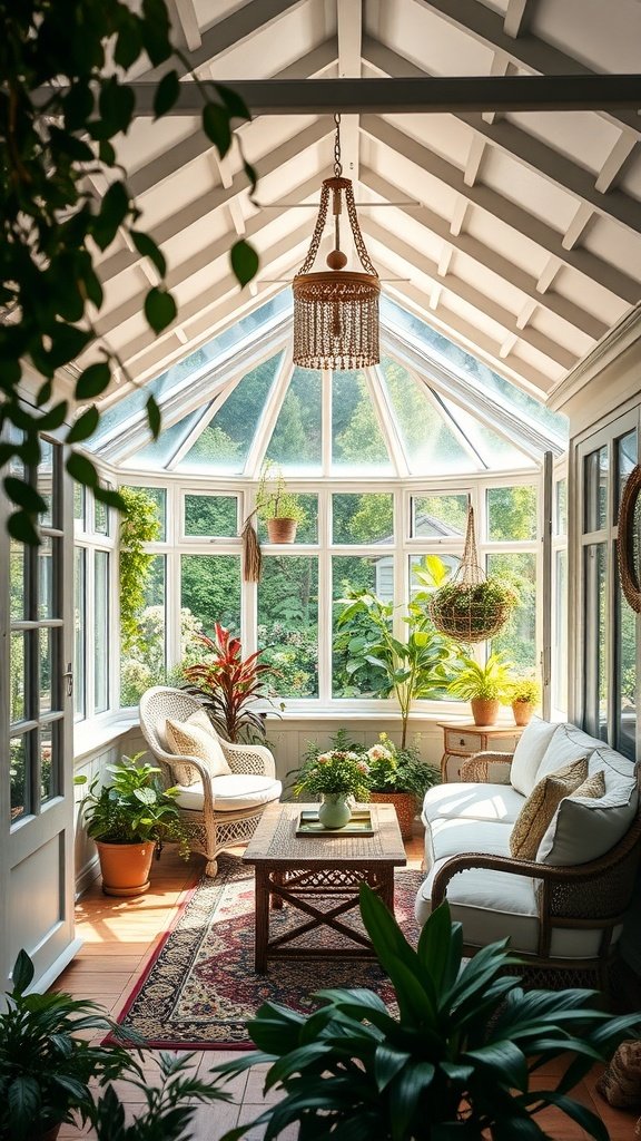 A bright and inviting conservatory filled with plants and comfortable seating.
