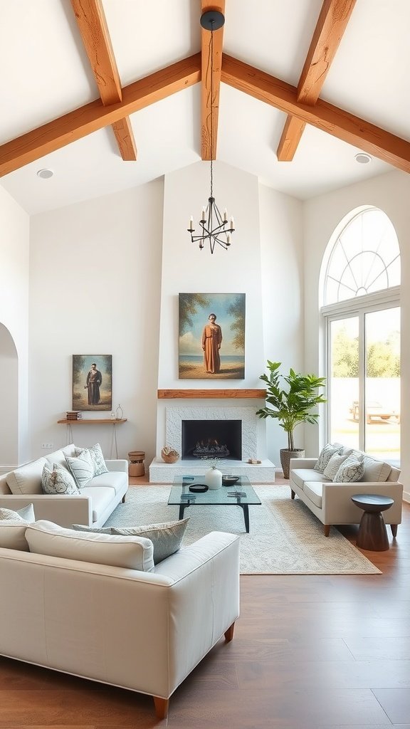 Bright living room featuring beamed ceilings, modern sofas, and artwork