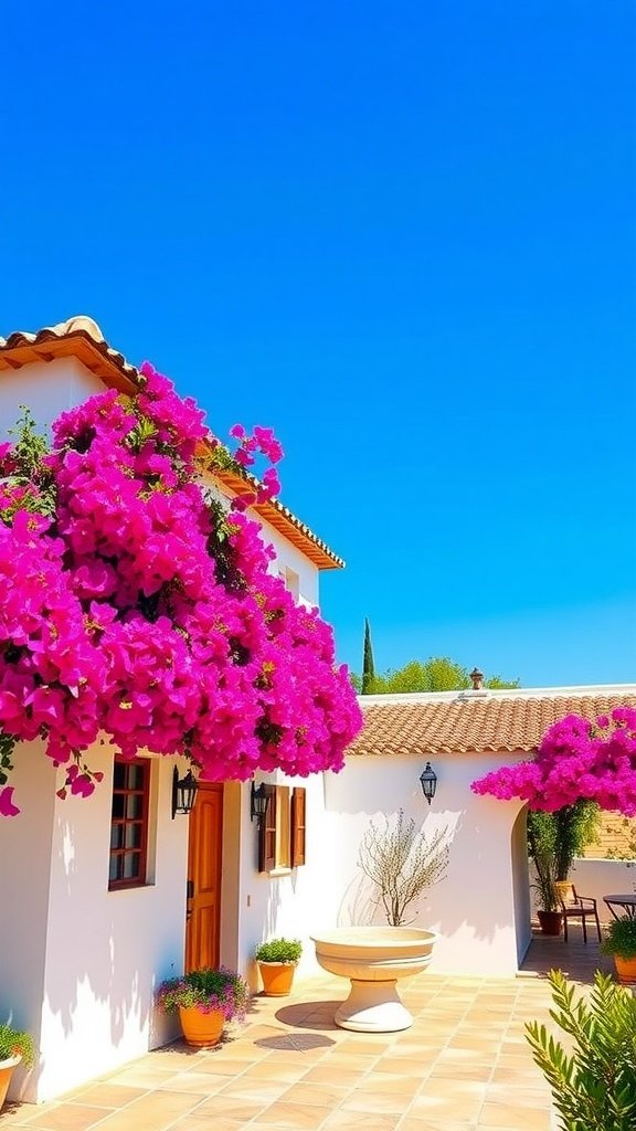 A sunny Spanish villa with blooming bougainvillea flowers and a clear blue sky.