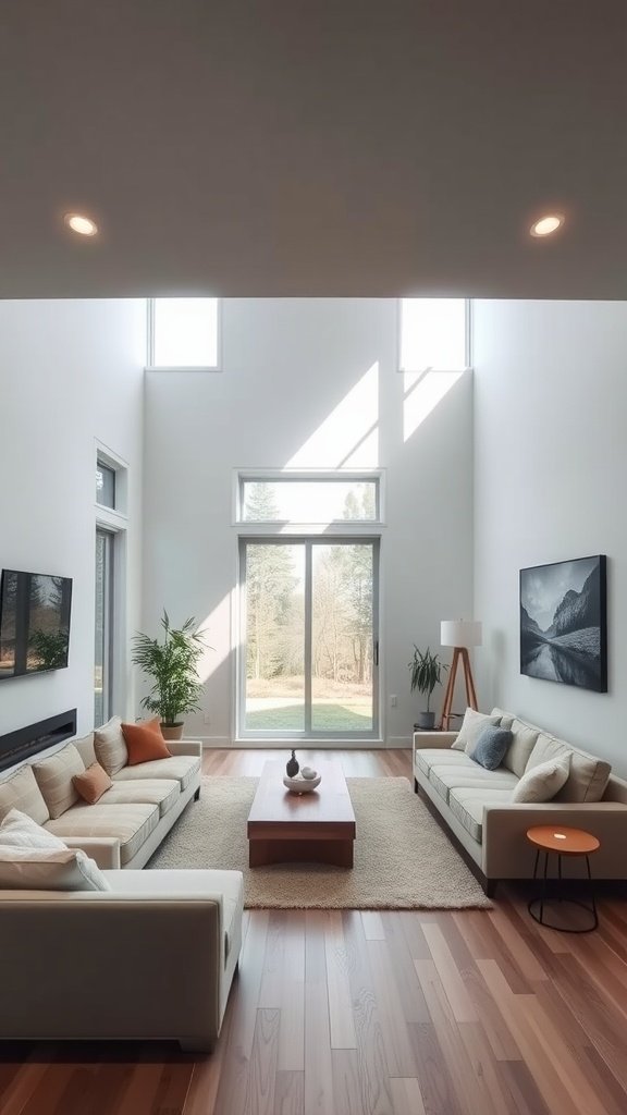 Sunken living room featuring cozy sofas, a wooden coffee table, and large windows with a view of nature.