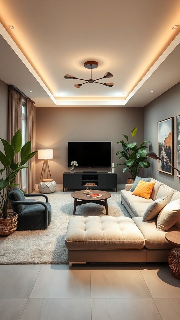 A cozy and stylish sunken living room featuring a sectional sofa, coffee table, and plants, with warm lighting.