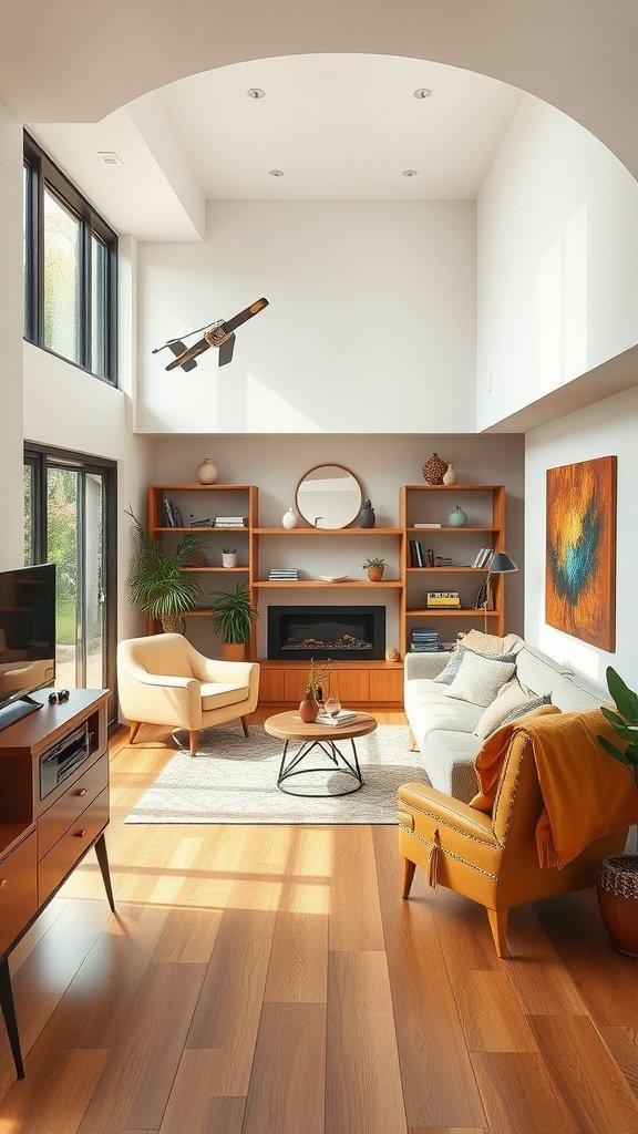 A modern sunken living room featuring a cozy layout with natural light, plants, and warm wooden elements.
