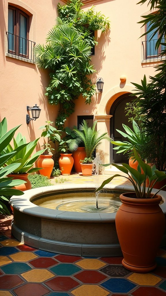 A sunny courtyard with a fountain, colorful tiled floor, and potted plants.